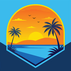 Obraz premium Tropical sunset illustration with palm trees, vibrant colors, summer vacation theme banner