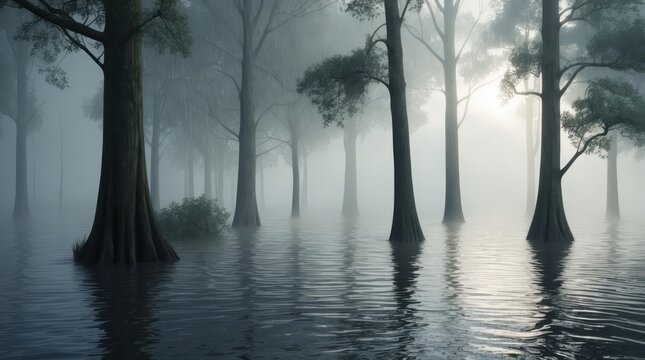 Forest flooded with rainwater foggy rainy weather - Powered by Adobe