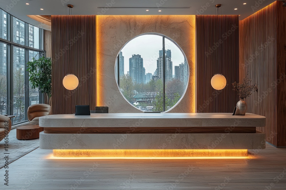 Poster modern reception desk with oval window and city view