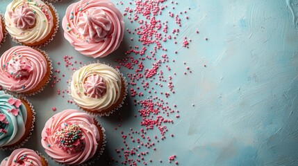 Fototapeta premium Pink and Blue Cupcakes with Sprinkles on a Light Blue Background