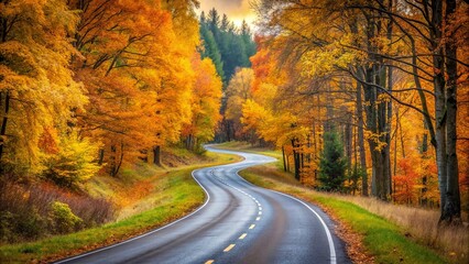 Naklejka premium Scenic Autumn Drive: Winding Road Curves Through Vibrant Foliage Trees in Latvia, Capturing the Essence of Minimalist Photography and Nature's Beauty in Fall