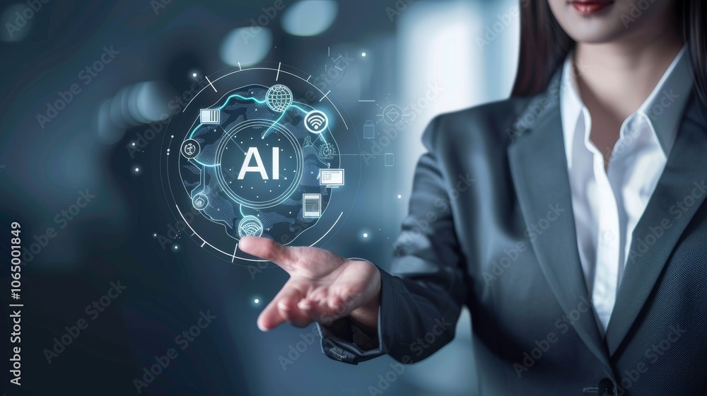 Aufkleber A professional woman in a suit offers her hand towards a floating AI interface, representing the use of futuristic technology and artificial intelligence in various business applications