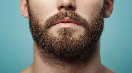 Obraz premium Close-up portrait of a man with a well-groomed beard against a blue background.