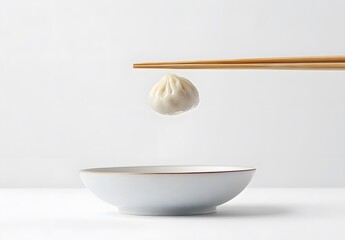 A Steamed Dumpling Held by Chopsticks Above a Bowl