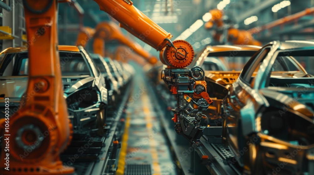 Aufkleber High-tech robotic arms operate on an advanced car manufacturing assembly line. The image showcases industrial automation in a modern automotive factory, highlighting precision engineering.