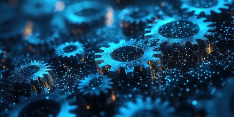 Interconnected Gears with Blue and Gold Lights