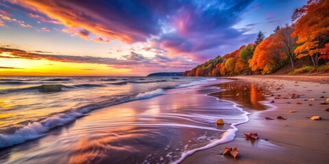 Fototapeta premium Serene Long Exposure Evening Beach Scene in Fall with Soft Waves, Colorful Skies, and Fallen Leaves, Capturing the Tranquility and Beauty of Nature at Dusk