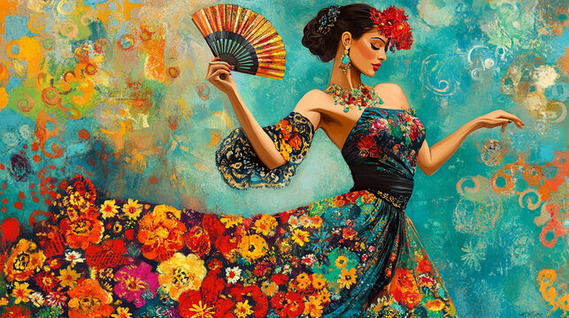 Passion of the dance - abstract vision of  beautiful woman in colorful dress dancing Spanish flamenco