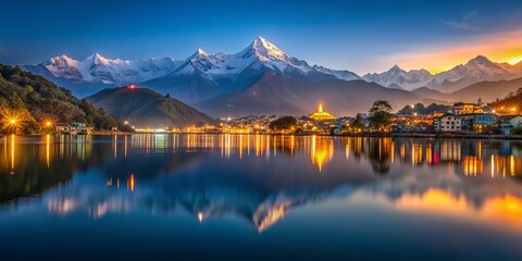 Serene Low Light View of Phewa Lake and the Majestic Himalayan Range in Pokhara, Nepal - Capturing the Beauty of Nature on January 27, 2023