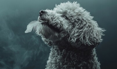 A fluffy dog resembling a curly-haired poodle holding a delicate feather between its teeth