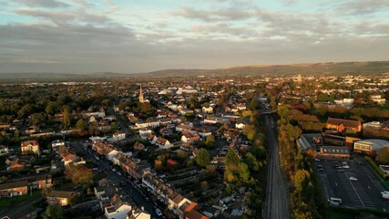 Generic drone aerial view of Cheltenham town centre in Gloucestershire, UK