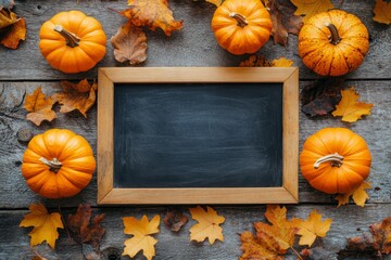 Rustic blackboard mock up with pumpkins and fall leaves on the sides. Flat lay. Copy space for text