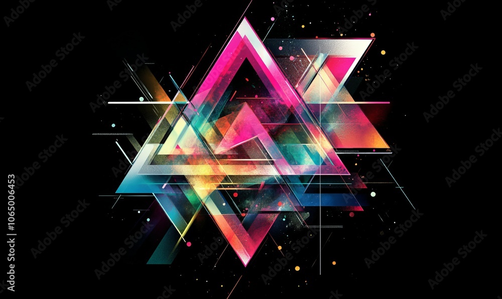 Poster a geometric abstract poster with sharp bold typography in neon colors, featuring dynamic text on a b