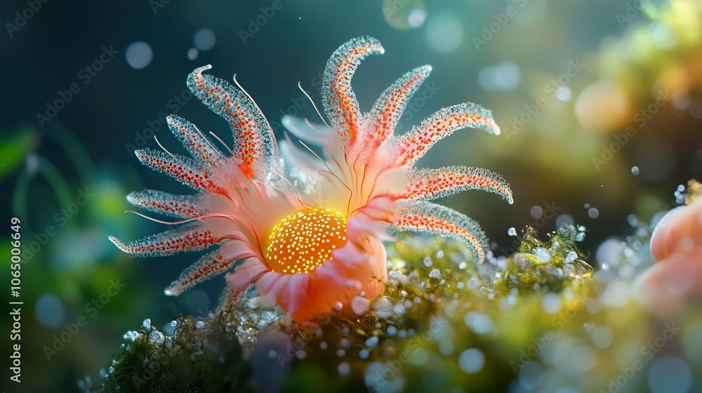 Poster Close-up of a Delicate Pink Flower with Water Drops