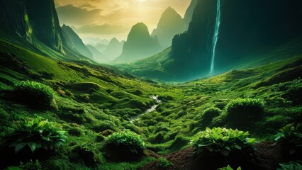 A breathtaking view of lush green mountains and a serene waterfall under a golden sky, evoking peace and tranquility in nature&rsquo;s embrace