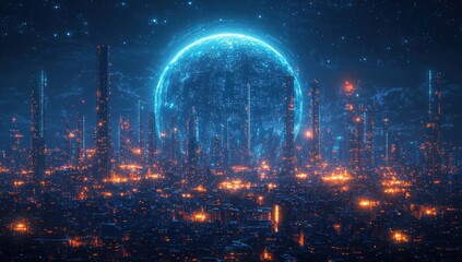 Futuristic Cityscape with a Blue Digital Globe and Starry Night Sky
