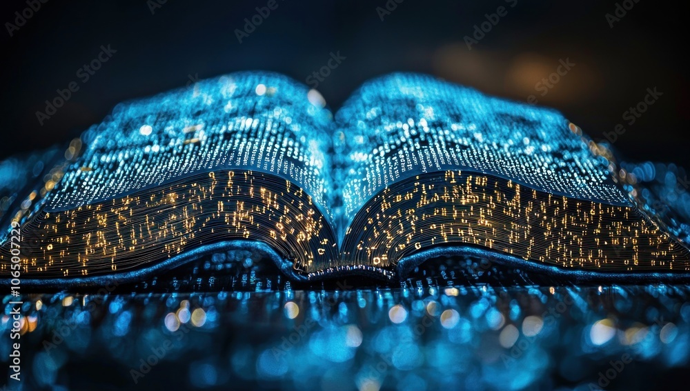 Poster Glowing Open Book with Abstract Patterns and Lines