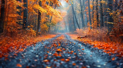 Fototapeta premium Autumn or fall season. The Rustling Foliage Symphony. A serene forest path lined with golden-hued leaves, their gentle rustling creating a symphony of autumn sounds.