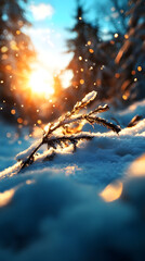 Verschneiter Ast in goldenem Sonnenuntergangslicht