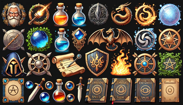 Fantasy RPG Icon Set with Magic Potions Dragons and Enchanted Shields