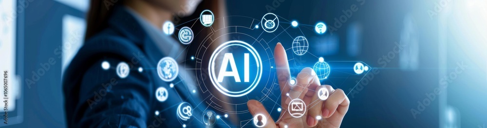 Aufkleber A businesswoman in a formal suit interacts with an AI interface, showcasing futuristic digital technology icons representing artificial intelligence, machine learning, and data science advancements.