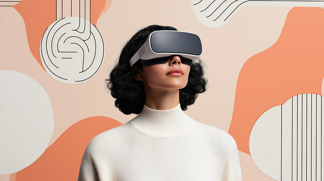 In a minimalist design studio, a woman augmented reality architect tests a spatial computing interface using sleek AR glasses and motion capture sensors amidst floating wireframes