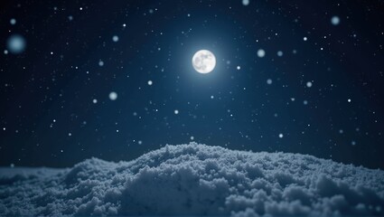 Fototapeta premium Night sky with star trails, bright moon, snowy landscape, and forest silhouette. Generative, AI,