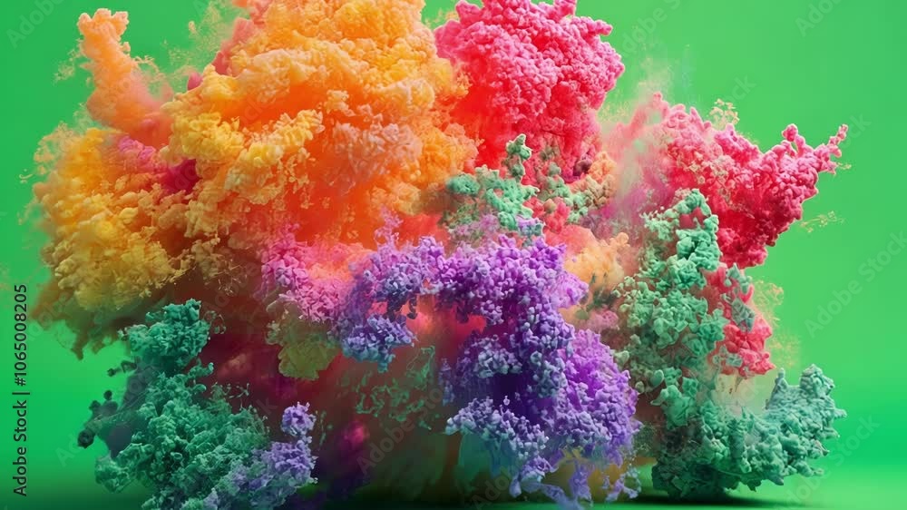 Poster multicolored particles exploding and creating an abstract cloud shape on a green screen background, 