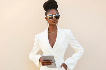 A fashionable woman showcases a chic white suit and sunglasses, holding her phone while exuding confidence