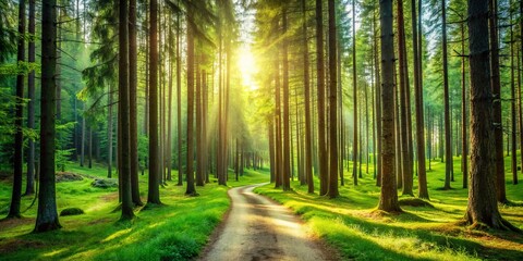 Obraz premium Serpentine Trails Through a Pristine Green Forest Blanketed with Soft Pine Needles Inviting Exploration of the Towering Evergreen Trees in the Heart of Wilderness