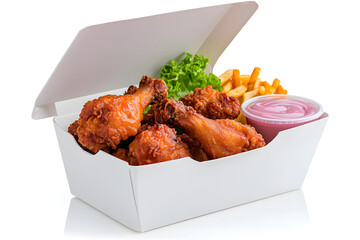 Fried chicken in a takeout box, isolated on white background