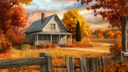 A quaint farmhouse surrounded by a colorful autumn landscape, perfect for Thanksgiving photos.