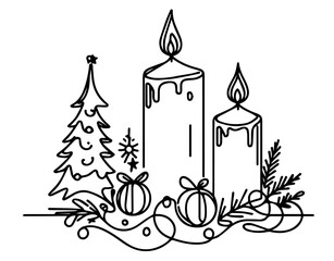 simple and elegant Christmas candles with festive greenery, capturing holiday charm in line art black vector