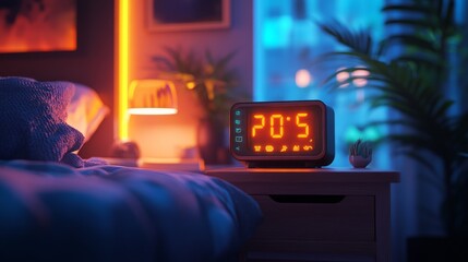 A digital alarm clock shows 2051 on a bedside table in a bedroom with blue and orange lighting.