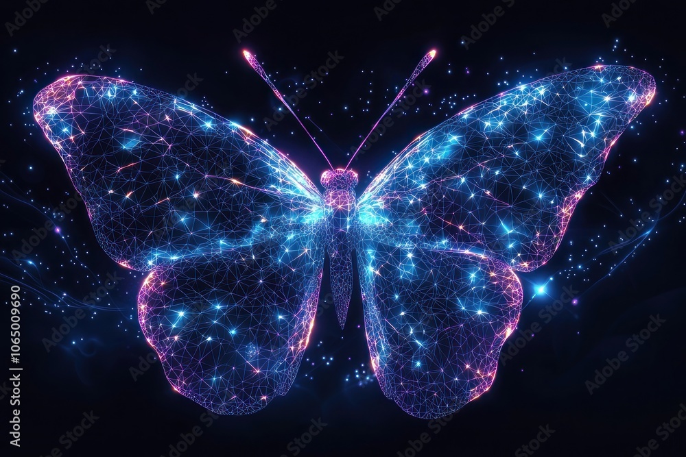 Aufkleber a digital butterfly constructed from glowing lines and points