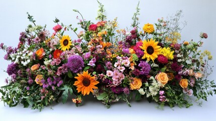 An elegant display of exotic and common flowers, featuring sunflowers, orchids, peonies, and wildflowers with intricate petal details on a plain white background. The flowers are arranged in 