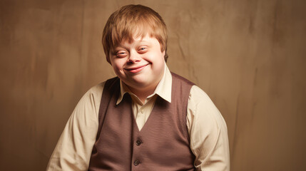 Portrait of smiling laughing man with Down syndrome beige background.