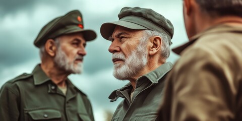 Fototapeta premium Three elderly men in military uniforms discussing in a dramatic outdoor setting.