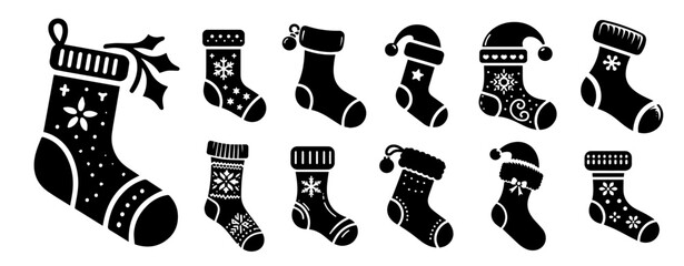 raditional christmas stockings for holiday decor - black vector collection