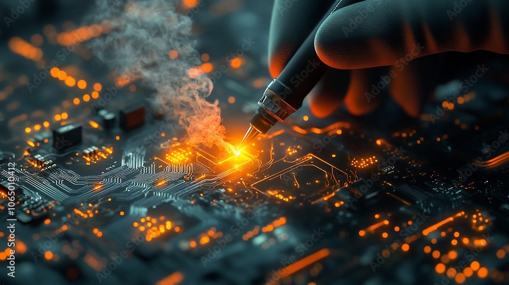 Poster A gloved hand uses a soldering iron on a circuit board, causing smoke and sparks to erupt from the component.