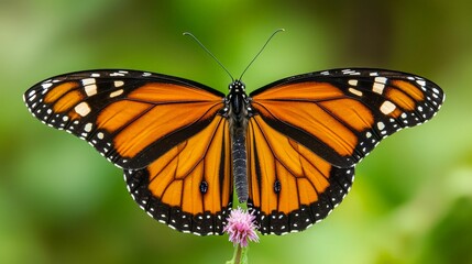 Obraz premium A vibrant monarch butterfly perched on a flower, showcasing its striking orange and black wings against a blurred green background.