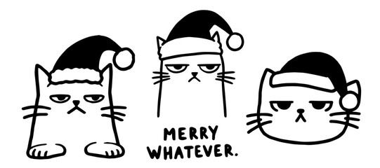 sarcastic Christmas cat illustration with festive hat, showcasing humor and attitude for the holiday season black vector © Luka