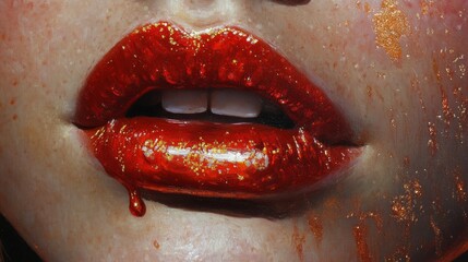 Close-up of a woman's lips.  She's wearing bright red lipstick, and a shimmering red-gold paint flows across her lips.