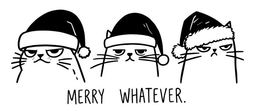 grumpy Christmas cat illustration with "Merry Whatever" text, capturing holiday sarcasm in a fun line art black vector