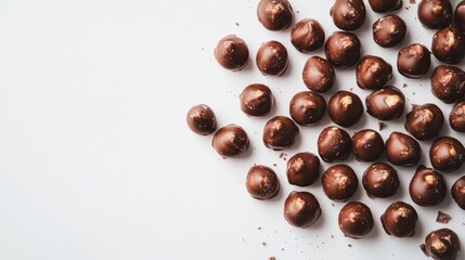 Close-up view of chocolate-covered hazelnuts on a white background.