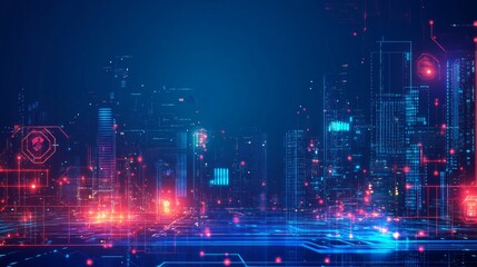 Obraz premium A futuristic city skyline with glowing lines and data forming a digital cityscape.