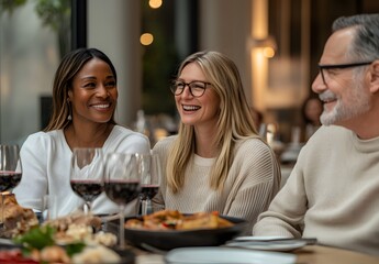 Three Friends Enjoying a Meal and Conversation at a Restaurant