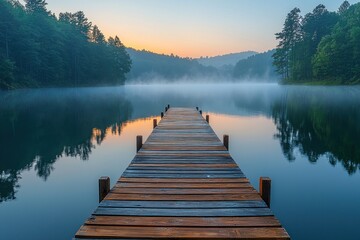 Fototapeta premium Wooden Dock Extending Into Foggy Lake at Sunrise