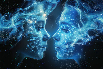 Gemini people with face close-up, east zodiac horoscope constellation symbol, blue fiery neon background.