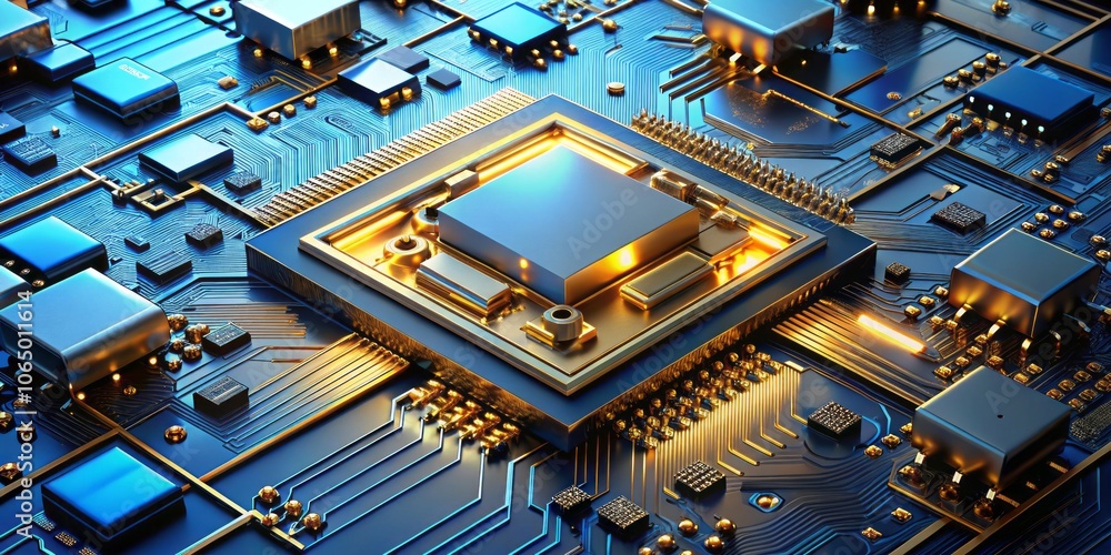 Poster stunning 3d render of blue and gold deep learning circuit board with gpu chips and cpu server compon